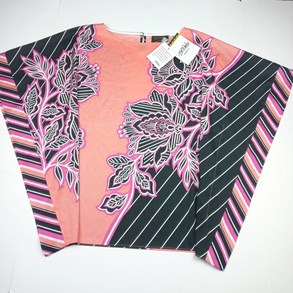 Women's Bob Mackie Wearable Art Floral Print Pink/Black/Peach Caftan Top Size Sm